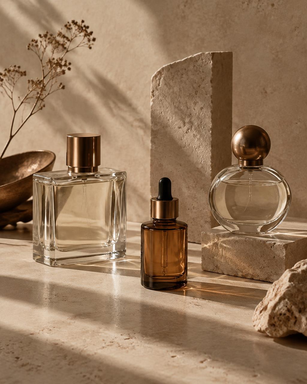 Unlabeled glass perfume and serum bottles on warm stone with soft shadows