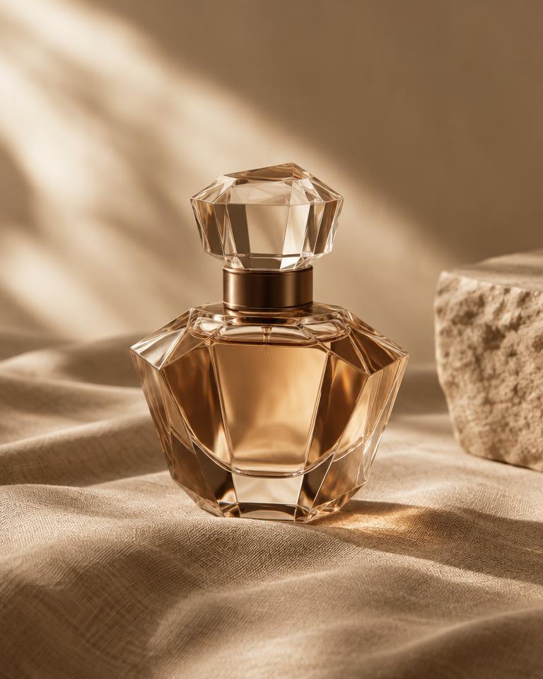 Faceted glass perfume bottle on sand linen